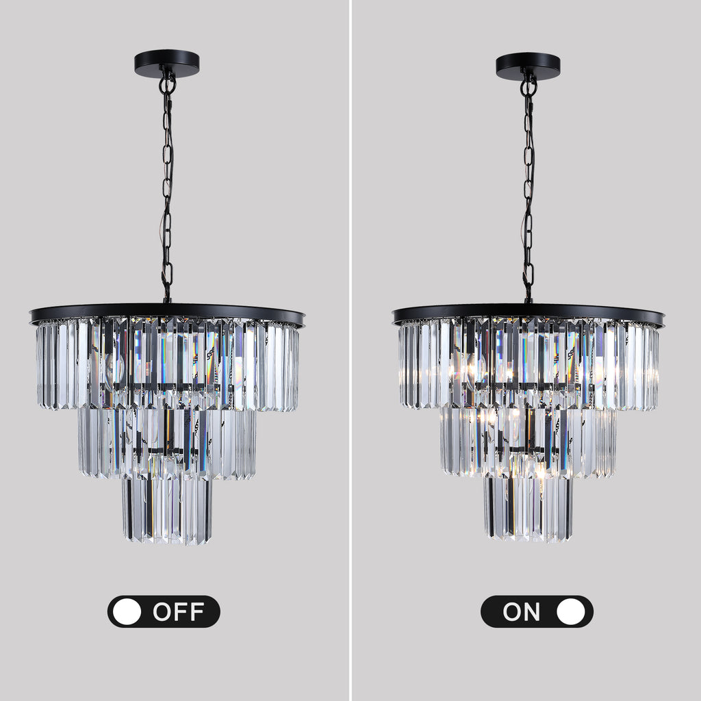 20  Luxury 3-Tier Crystal Chandelier, 7-Light Black Frame Pendant Light, Elegant Ceiling Lighting For Living Room, Dining Room, Bedroom  No Bulbs