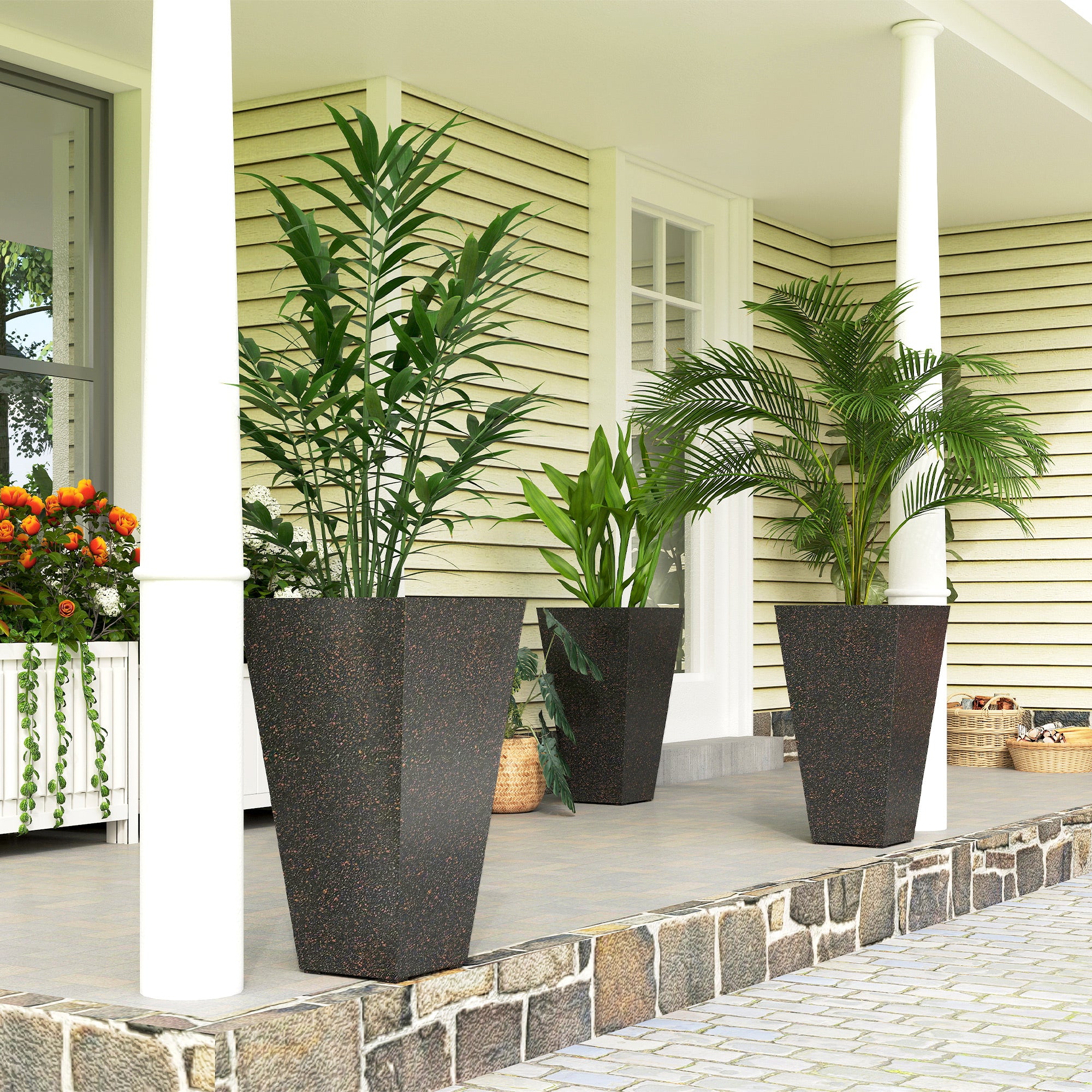 28" Tall Planters, Set of 3 Plastic Flower Pots with Marble Finish and Drainage Holes, Stackable Taper Planters, Brown
