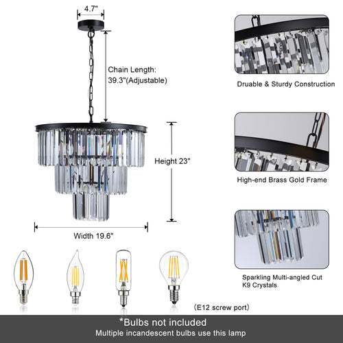 20  Luxury 3-Tier Crystal Chandelier, 7-Light Black Frame Pendant Light, Elegant Ceiling Lighting For Living Room, Dining Room, Bedroom  No Bulbs