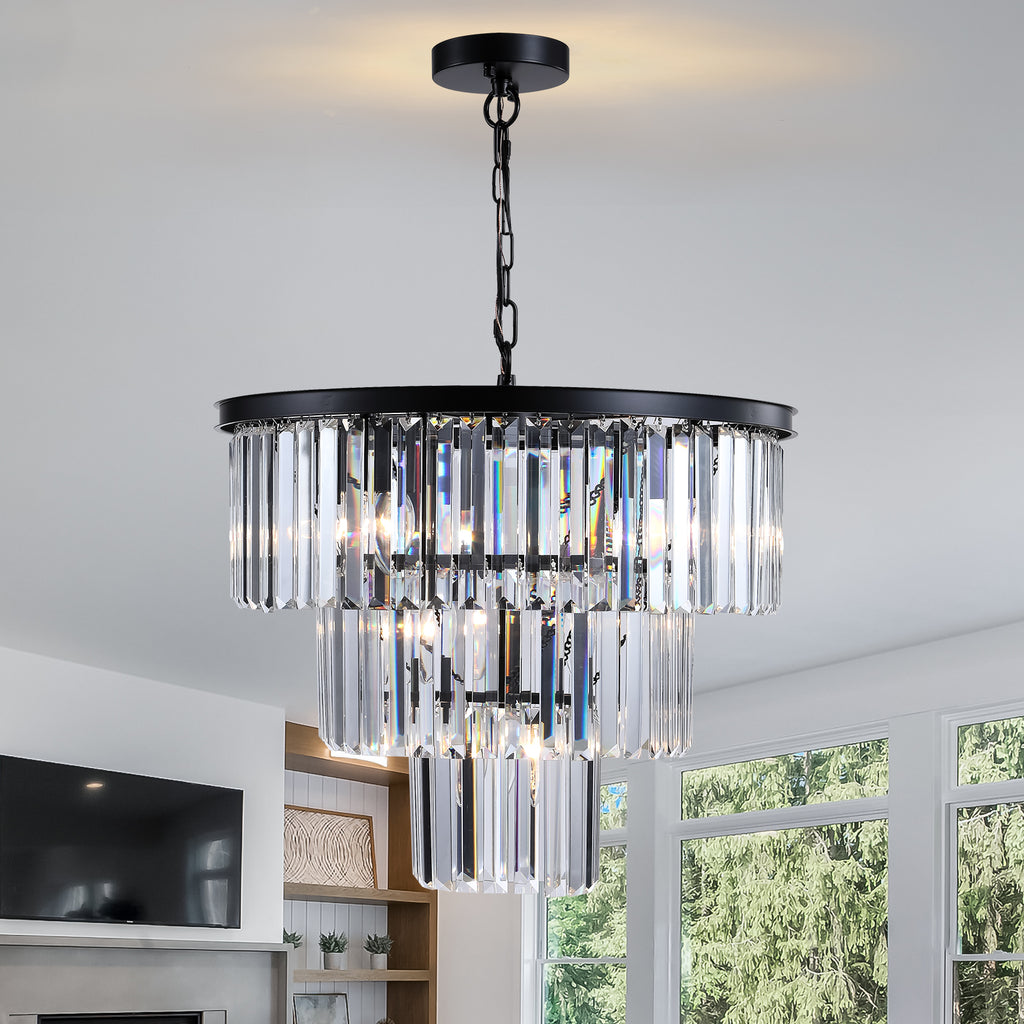 20  Luxury 3-Tier Crystal Chandelier, 7-Light Black Frame Pendant Light, Elegant Ceiling Lighting For Living Room, Dining Room, Bedroom  No Bulbs