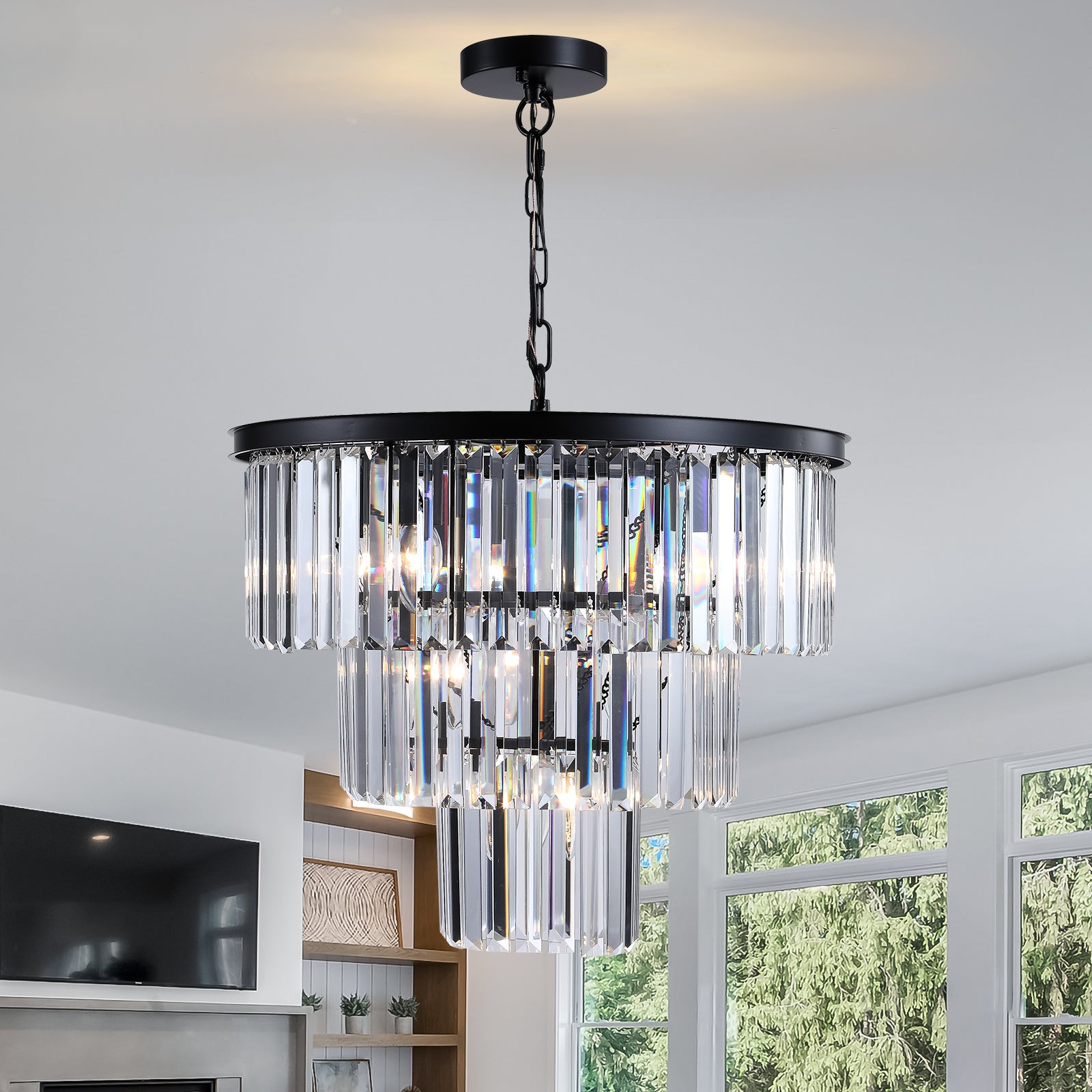 20  Luxury 3-Tier Crystal Chandelier, 7-Light Black Frame Pendant Light, Elegant Ceiling Lighting For Living Room, Dining Room, Bedroom  No Bulbs