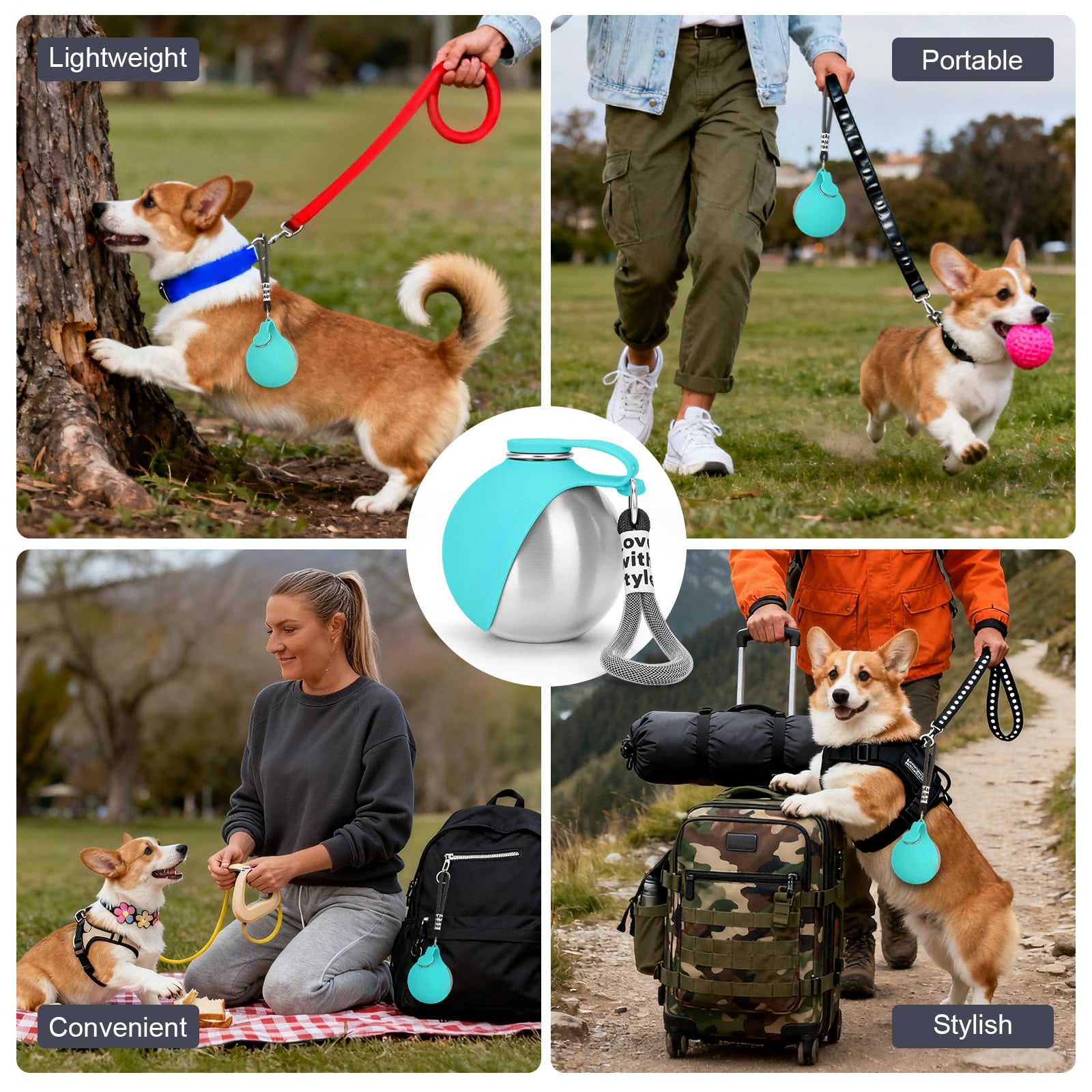 Portable Dog Water Bottle 10oz Stainless Steel Travel Dog Water Dispenser With Bowl No-Spill Puppy Water Bottle For Walking Hiking Small Dog Water Bottle