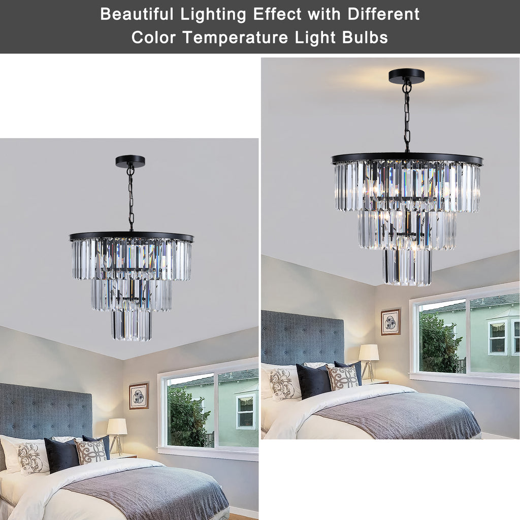 20  Luxury 3-Tier Crystal Chandelier, 7-Light Black Frame Pendant Light, Elegant Ceiling Lighting For Living Room, Dining Room, Bedroom  No Bulbs