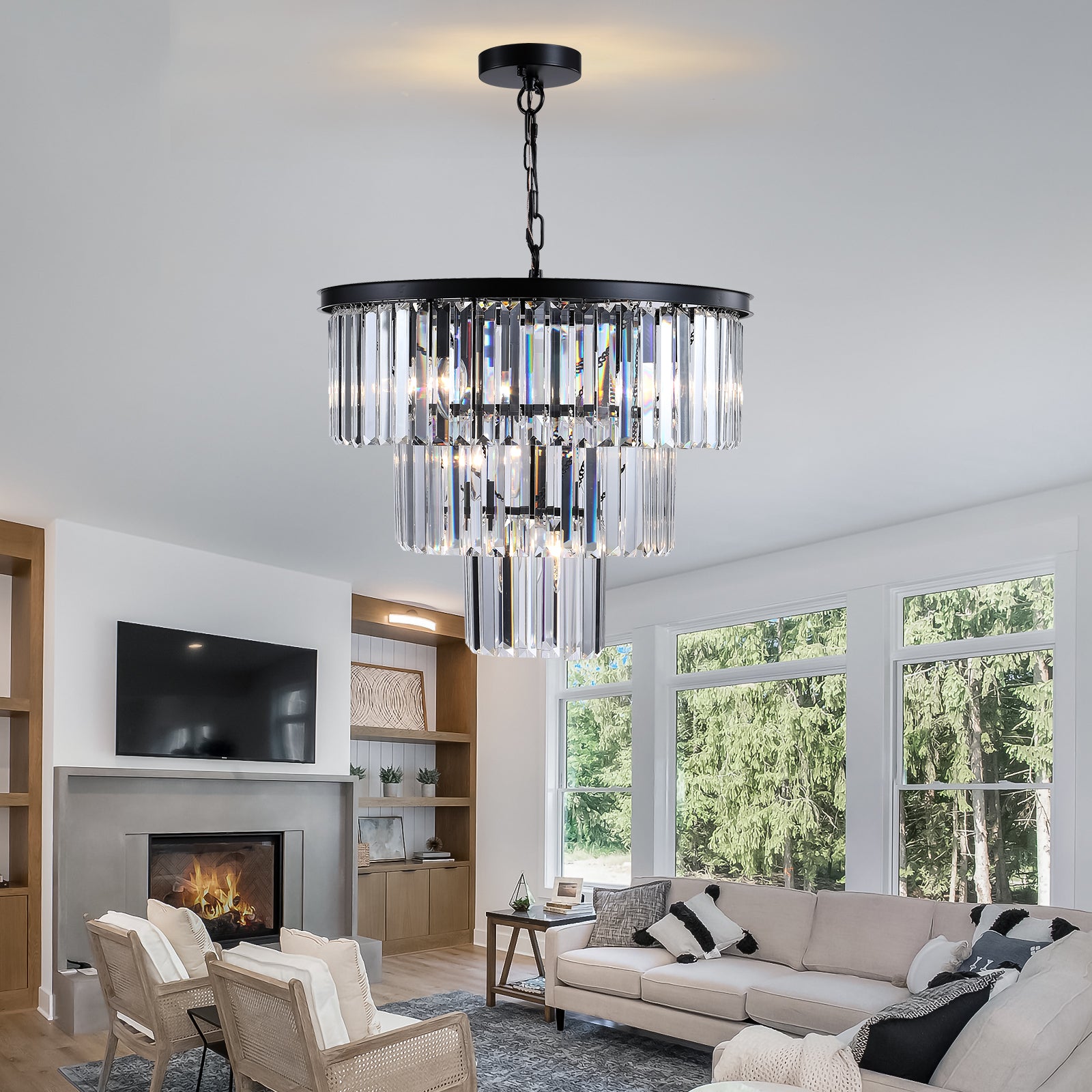20  Luxury 3-Tier Crystal Chandelier, 7-Light Black Frame Pendant Light, Elegant Ceiling Lighting For Living Room, Dining Room, Bedroom  No Bulbs